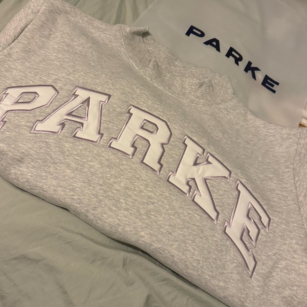 New authentic Parke Sweatshirt classic gray with white Lettering. Lg/xl